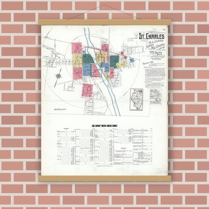 Old map wall art mockup — magnetic wood frame on brick wall — Sanborn Fire Insurance Map from Saint Charles, Kane County, Illinois (1923) - Complete Map Set