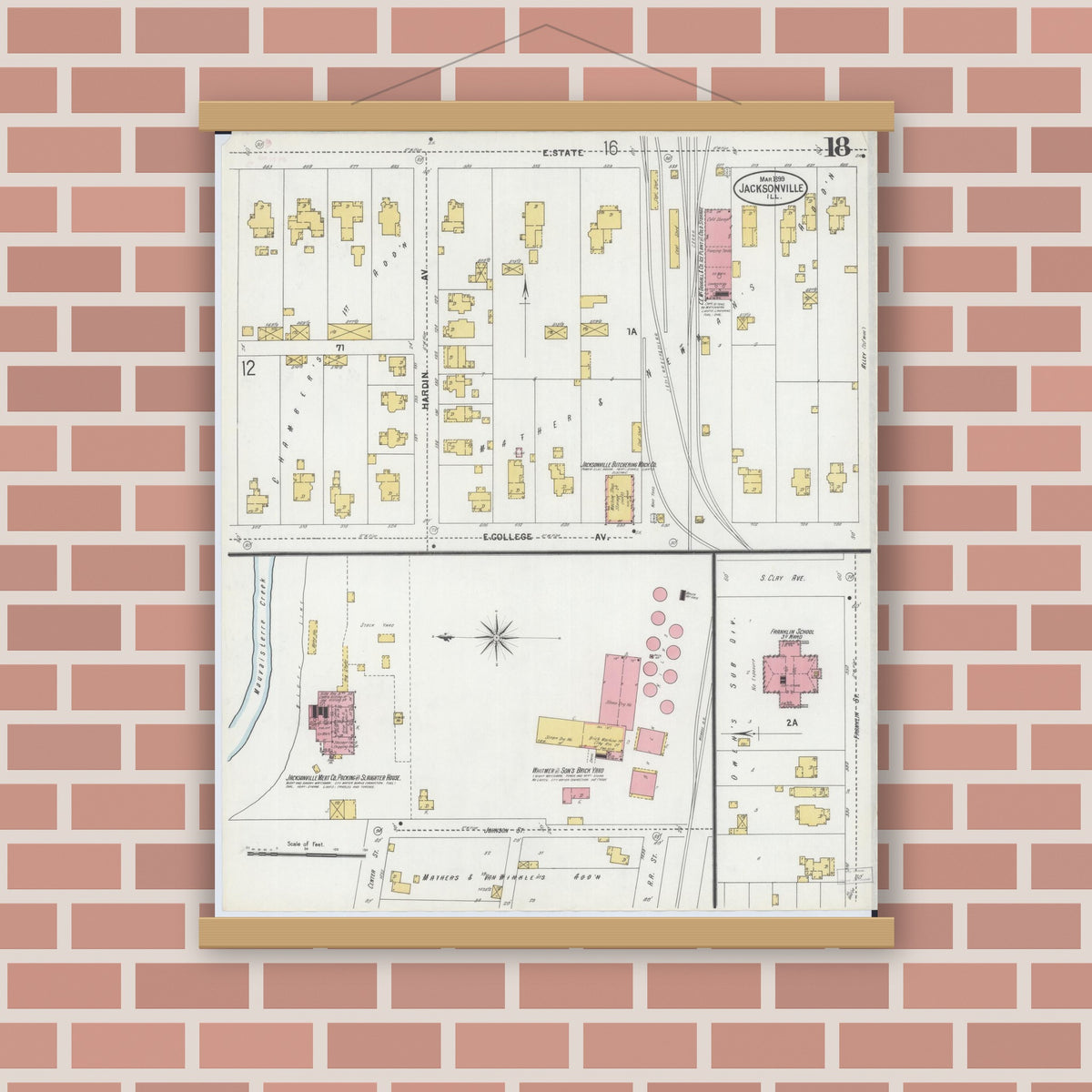 Old map wall art mockup — magnetic wood frame on brick wall — Sanborn Fire Insurance Map from Jacksonville, Morgan County, Illinois (1899), Sheet #0018