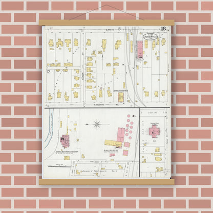 Old map wall art mockup — magnetic wood frame on brick wall — Sanborn Fire Insurance Map from Jacksonville, Morgan County, Illinois (1899), Sheet #0018