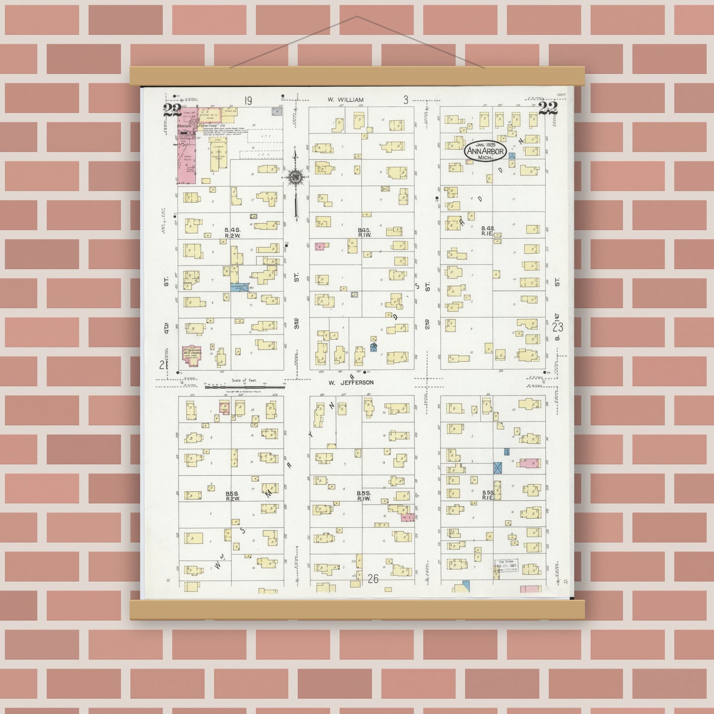 Old map wall art mockup — magnetic wood frame on brick wall — Sanborn Fire Insurance Map from Ann Arbor, Washtenaw County, Michigan (1925), Sheet #0022