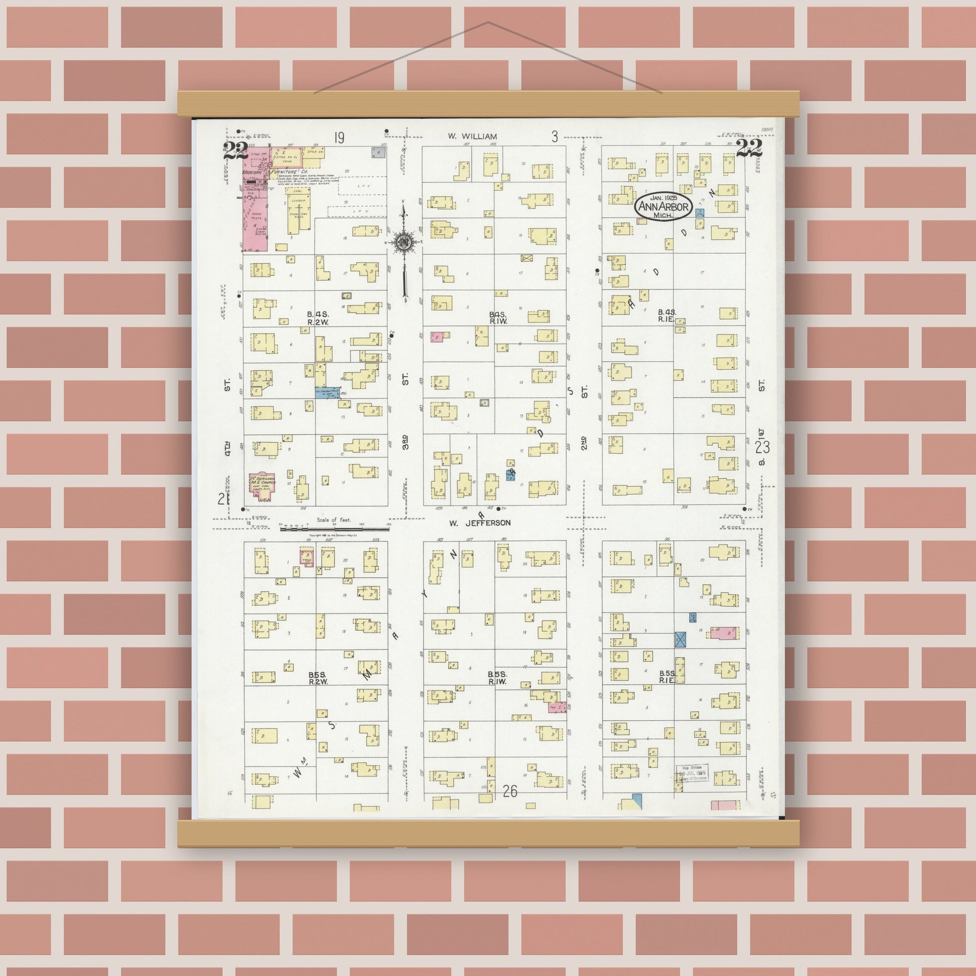 Old map wall art mockup — magnetic wood frame on brick wall — Sanborn Fire Insurance Map from Ann Arbor, Washtenaw County, Michigan (1925), Sheet #0022