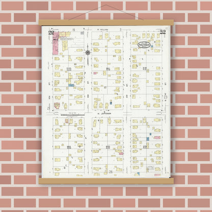 Old map wall art mockup — magnetic wood frame on brick wall — Sanborn Fire Insurance Map from Ann Arbor, Washtenaw County, Michigan (1925), Sheet #0022