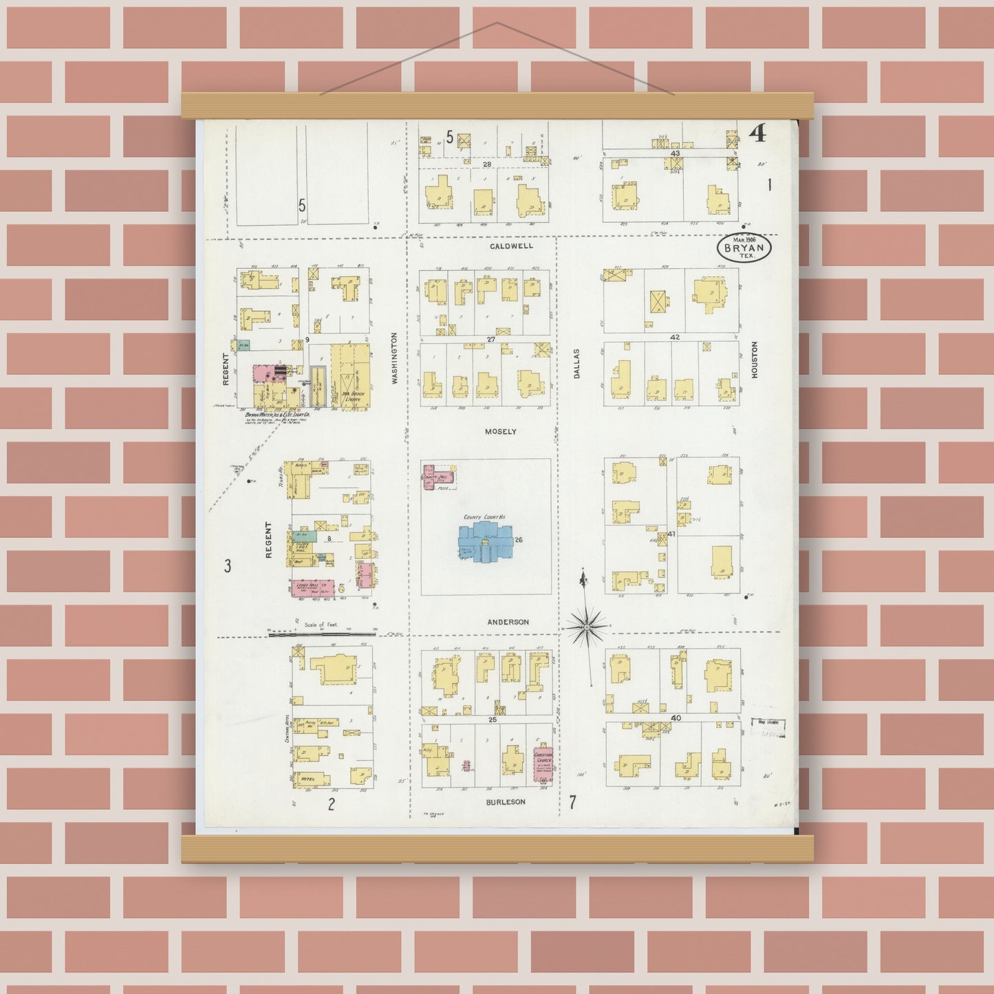 Old map wall art mockup — magnetic wood frame on brick wall — Sanborn Fire Insurance Map from Bryan, Brazos County, Texas (1906), Sheet #0004