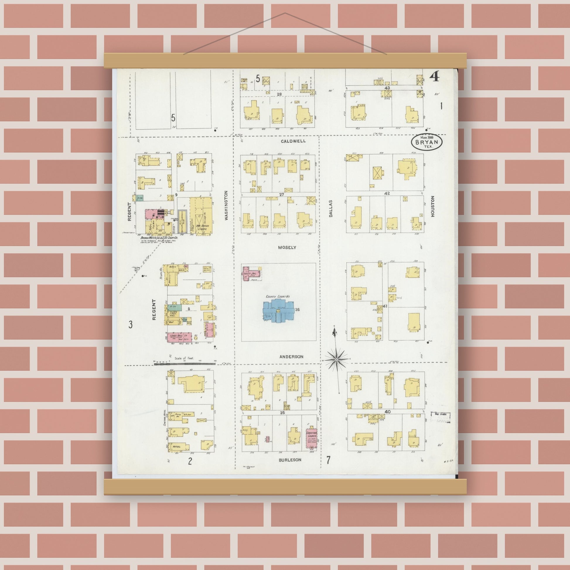Old map wall art mockup — magnetic wood frame on brick wall — Sanborn Fire Insurance Map from Bryan, Brazos County, Texas (1906), Sheet #0004