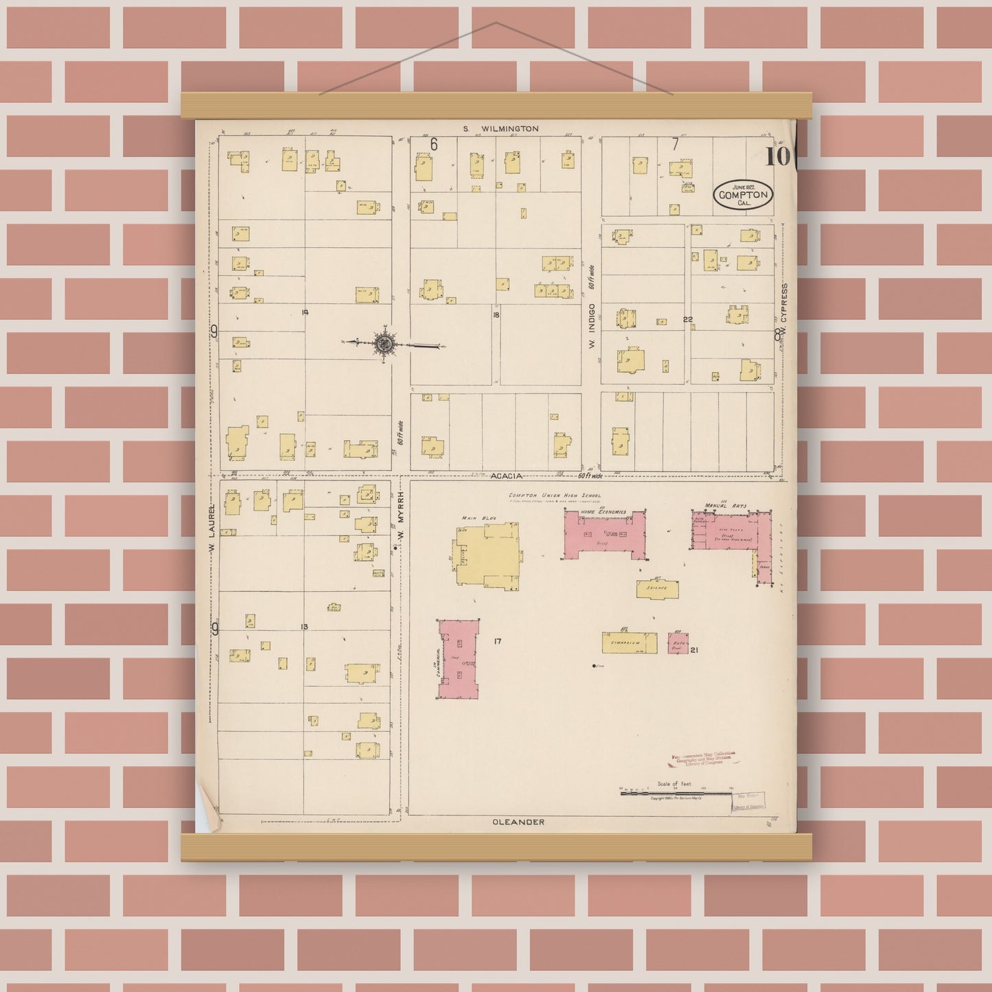 Old map wall art mockup — magnetic wood frame on brick wall — Sanborn Fire Insurance Map from Compton, Los Angeles County, California (1922), Sheet #0010