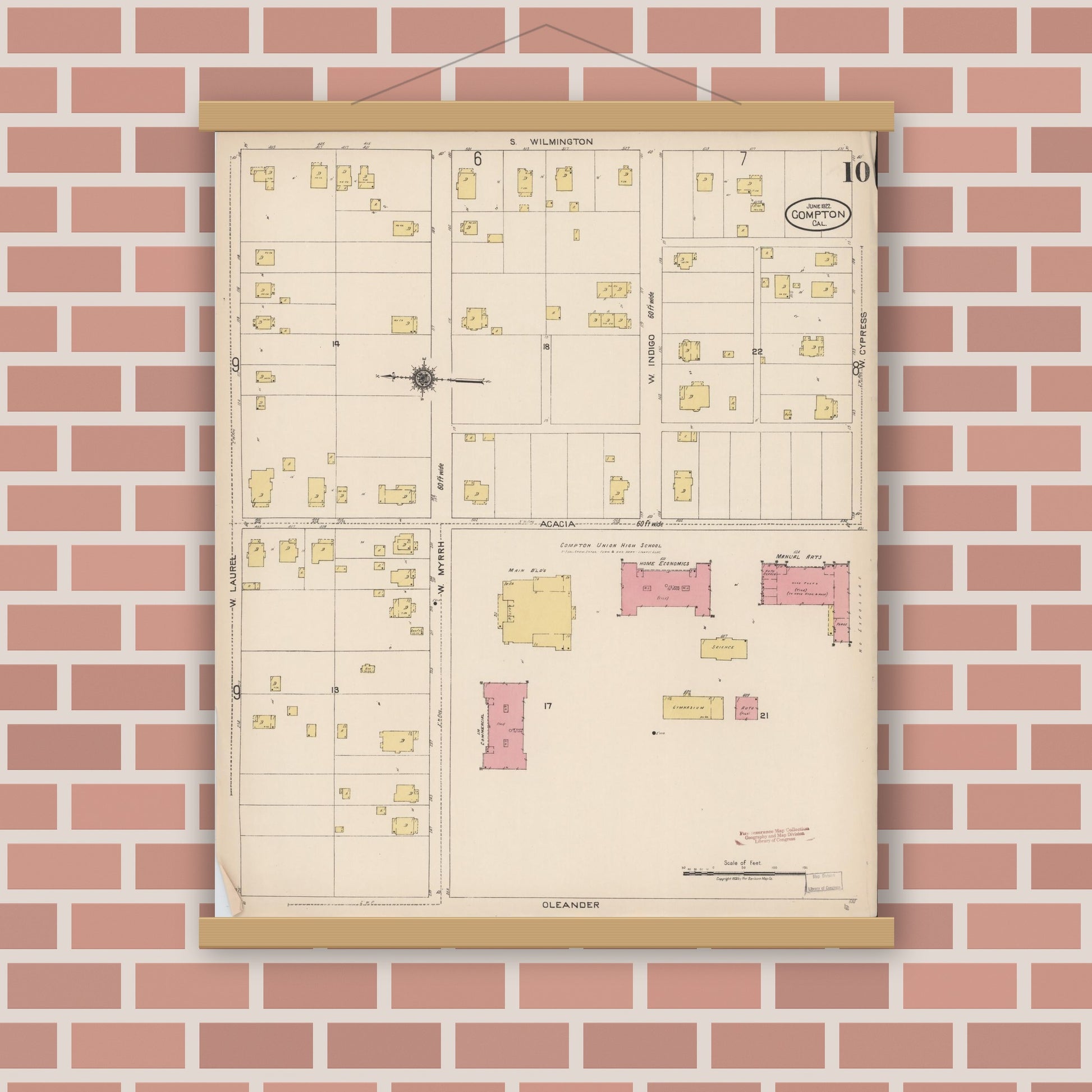Old map wall art mockup — magnetic wood frame on brick wall — Sanborn Fire Insurance Map from Compton, Los Angeles County, California (1922), Sheet #0010
