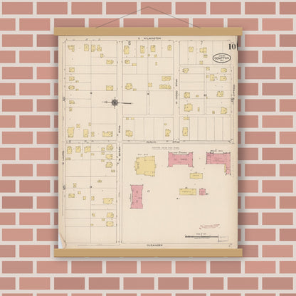 Old map wall art mockup — magnetic wood frame on brick wall — Sanborn Fire Insurance Map from Compton, Los Angeles County, California (1922), Sheet #0010