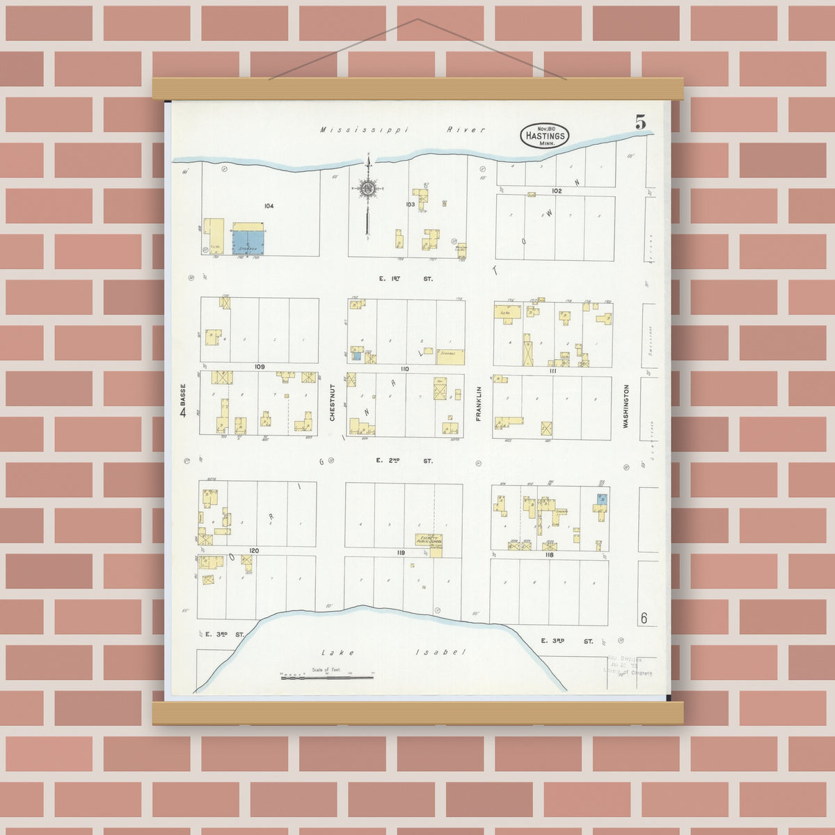 Old map wall art mockup — magnetic wood frame on brick wall — Sanborn Fire Insurance Map from Hastings, Dakota County, Minnesota (1910), Sheet #0005