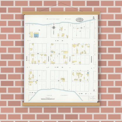 Old map wall art mockup — magnetic wood frame on brick wall — Sanborn Fire Insurance Map from Hastings, Dakota County, Minnesota (1910), Sheet #0005