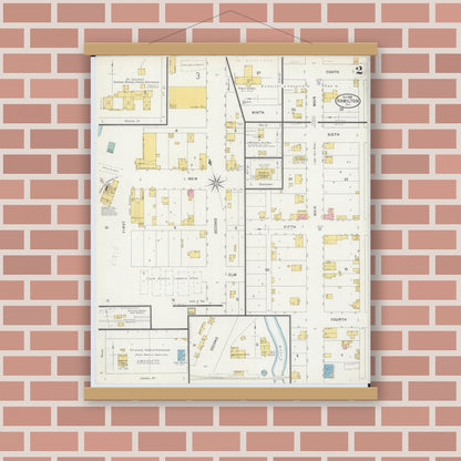 Old map wall art mockup — magnetic wood frame on brick wall — Sanborn Fire Insurance Map from Hamilton, Hancock County, Illinois (1898), Sheet #0002
