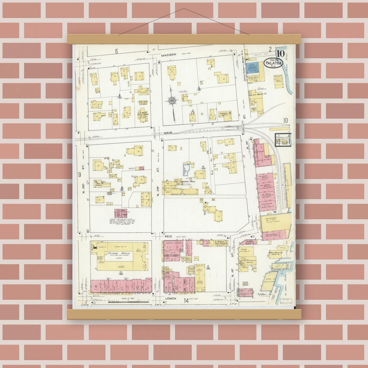Old map wall art mockup — magnetic wood frame on brick wall — Sanborn Fire Insurance Map from Palatka, Putnam County, Florida (1915), Sheet #0010