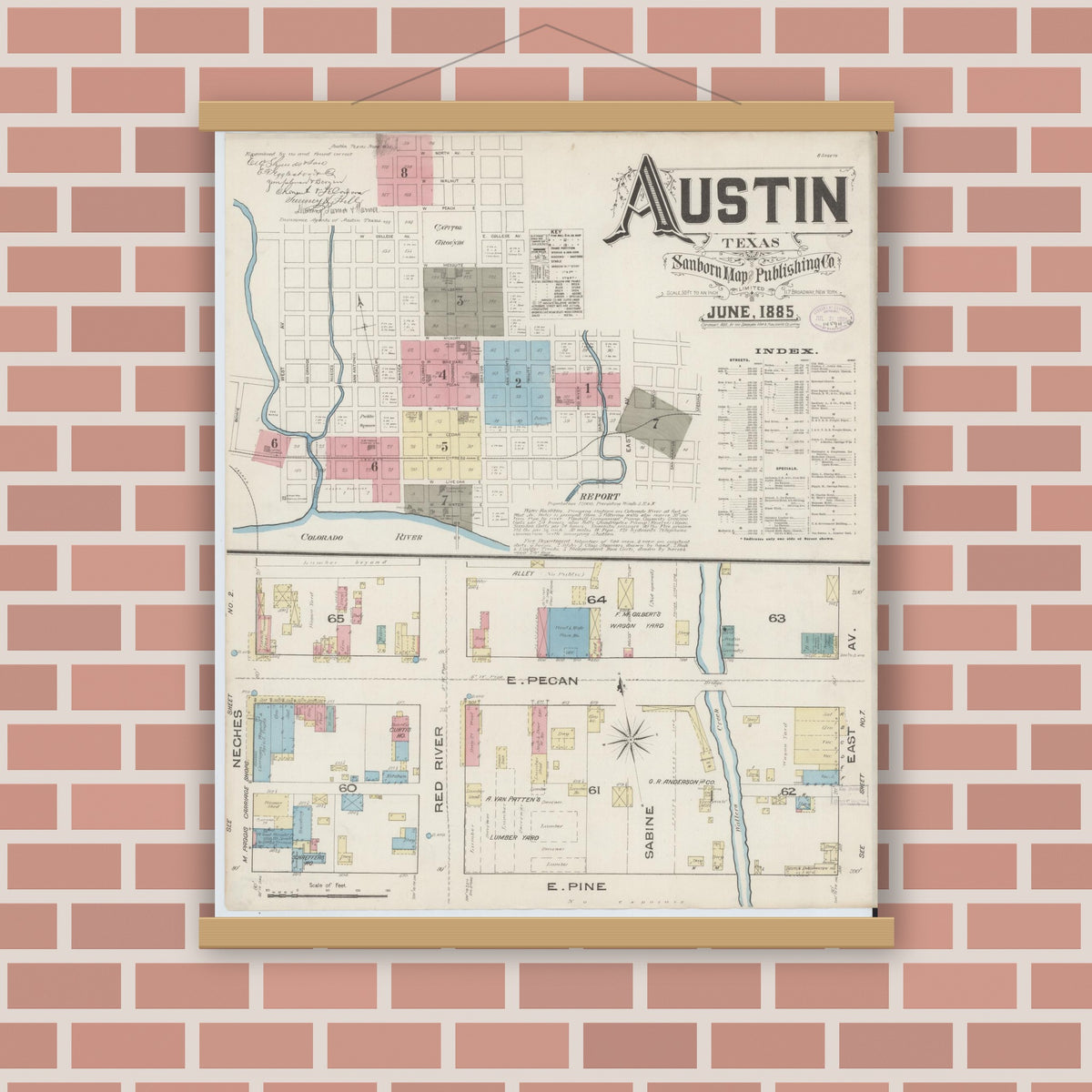 Old map wall art mockup — magnetic wood frame on brick wall — Sanborn Fire Insurance Map from Austin, Travis County, Texas (1885), Sheet #0001