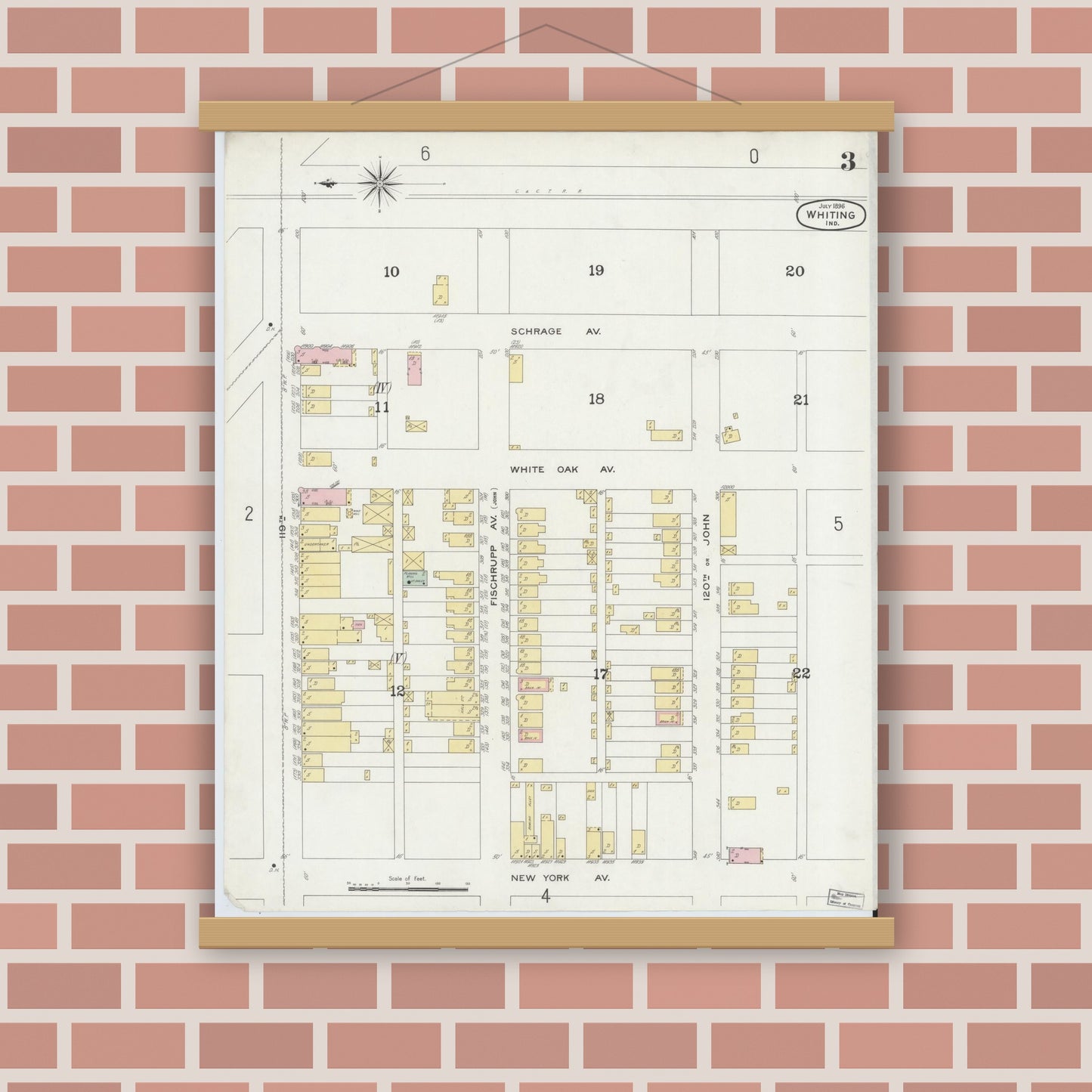 Old map wall art mockup — magnetic wood frame on brick wall — Sanborn Fire Insurance Map from Whiting, Lake County, Indiana (1896), Sheet #0003