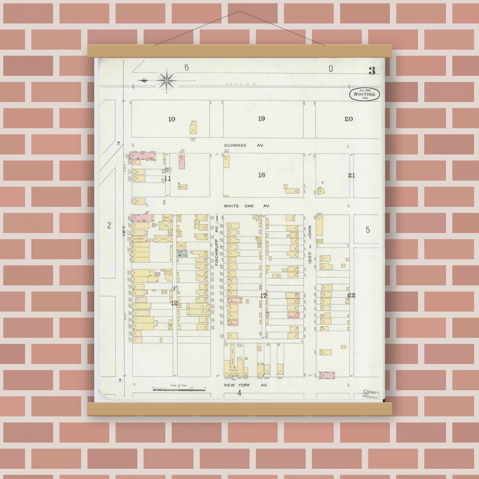 Old map wall art mockup — magnetic wood frame on brick wall — Sanborn Fire Insurance Map from Whiting, Lake County, Indiana (1896), Sheet #0003