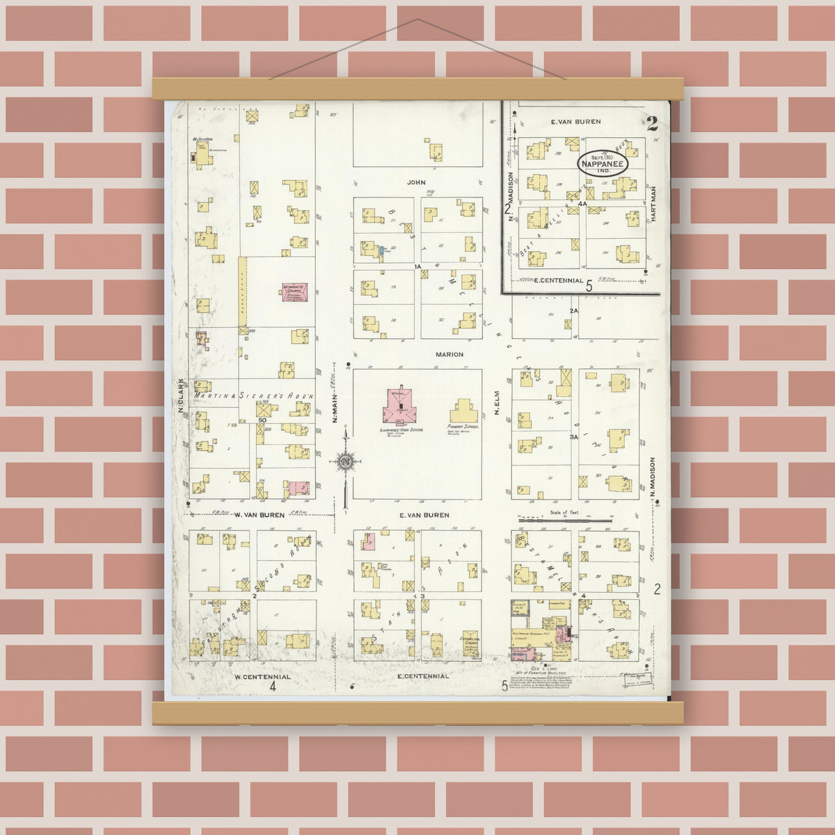 Old map wall art mockup — magnetic wood frame on brick wall — Sanborn Fire Insurance Map from Nappanee, Elkhart County, Indiana (1910), Sheet #0002