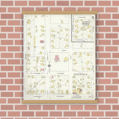 Old map wall art mockup — magnetic wood frame on brick wall — Sanborn Fire Insurance Map from Nappanee, Elkhart County, Indiana (1910), Sheet #0002