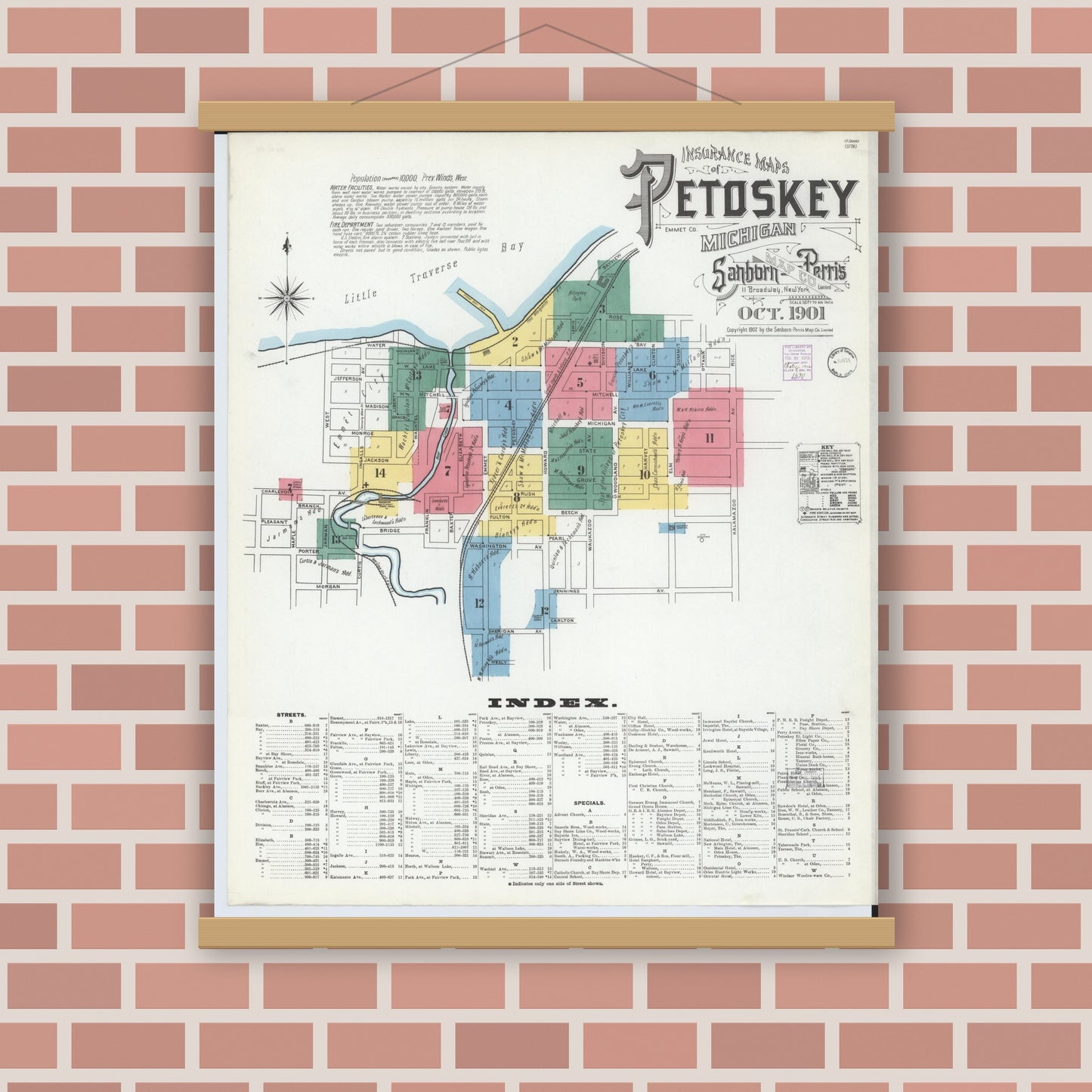Old map wall art mockup — magnetic wood frame on brick wall — Sanborn Fire Insurance Map from Petoskey, Emmet County, Michigan (1901) - Complete Map Set