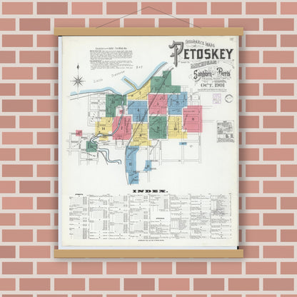 Old map wall art mockup — magnetic wood frame on brick wall — Sanborn Fire Insurance Map from Petoskey, Emmet County, Michigan (1901) - Complete Map Set