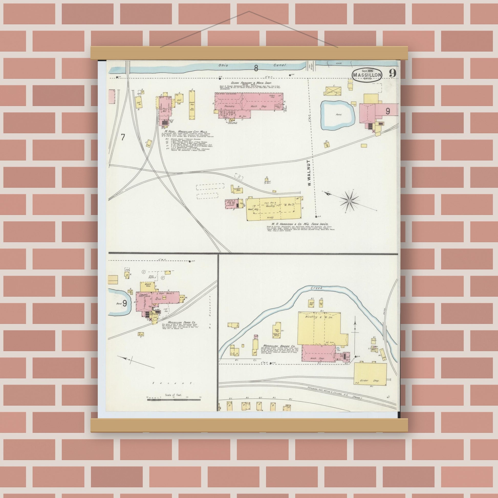 Old map wall art mockup — magnetic wood frame on brick wall — Sanborn Fire Insurance Map from Massillon, Stark County, Ohio (1896), Sheet #0009