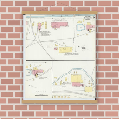 Old map wall art mockup — magnetic wood frame on brick wall — Sanborn Fire Insurance Map from Massillon, Stark County, Ohio (1896), Sheet #0009