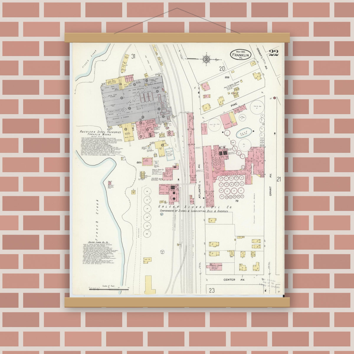 Old map wall art mockup — magnetic wood frame on brick wall — Sanborn Fire Insurance Map from Franklin, Venango County, Pennsylvania (1912), Sheet #0022