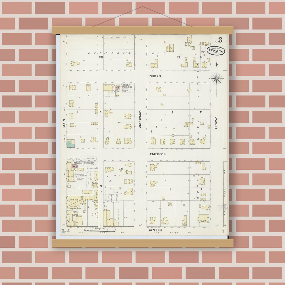 Old map wall art mockup — magnetic wood frame on brick wall — Sanborn Fire Insurance Map from Ithaca, Gratiot County, Michigan (1891), Sheet #0003