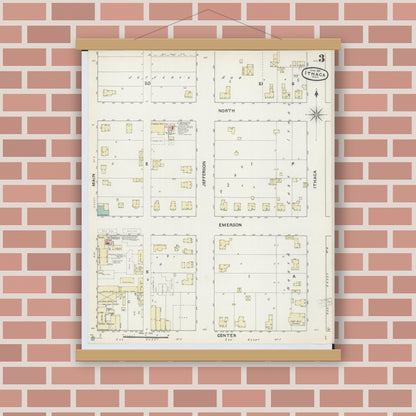 Old map wall art mockup — magnetic wood frame on brick wall — Sanborn Fire Insurance Map from Ithaca, Gratiot County, Michigan (1891), Sheet #0003