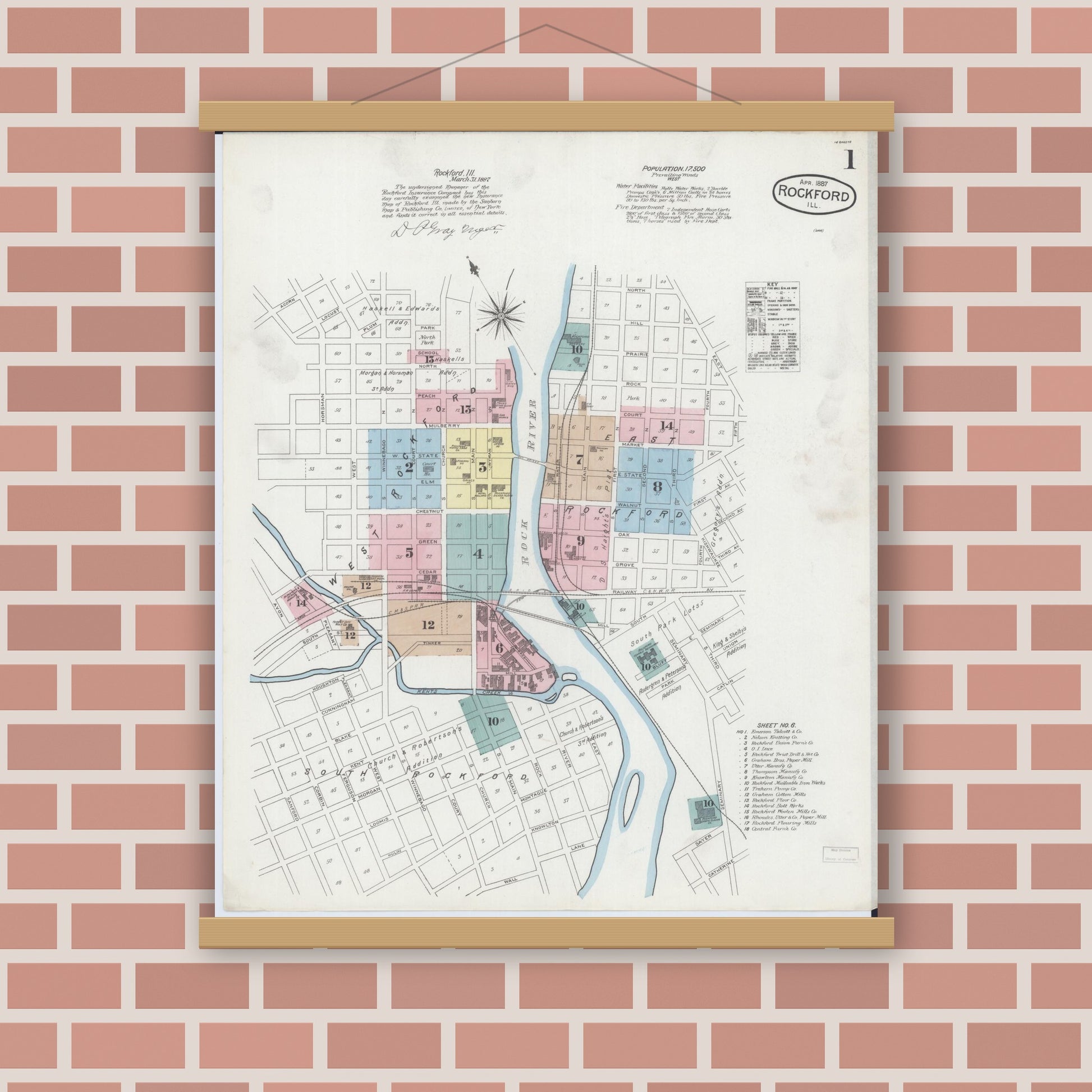 Old map wall art mockup — magnetic wood frame on brick wall — Sanborn Fire Insurance Map from Rockford, Winnebago County, Illinois (1887) - Complete Map Set
