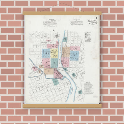 Old map wall art mockup — magnetic wood frame on brick wall — Sanborn Fire Insurance Map from Rockford, Winnebago County, Illinois (1887) - Complete Map Set