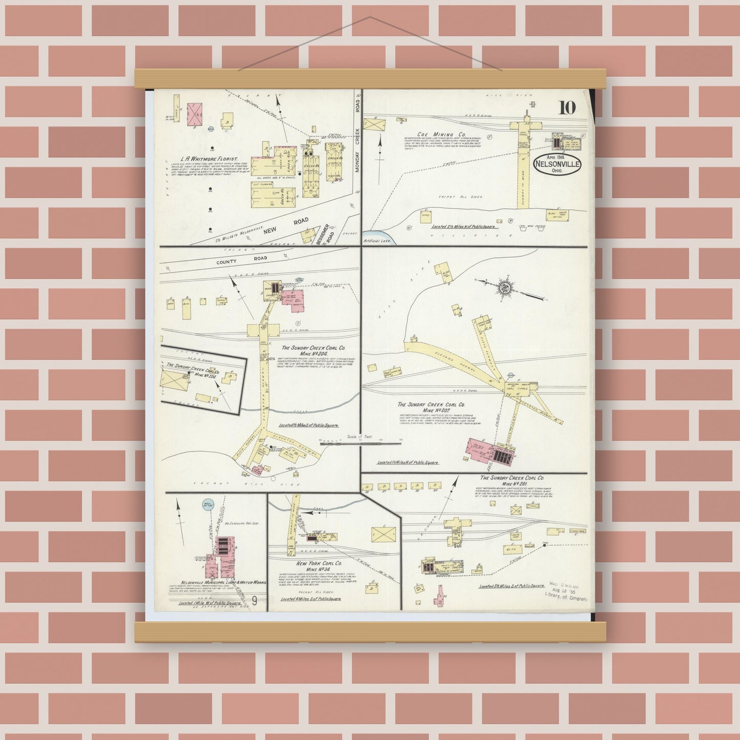 Old map wall art mockup — magnetic wood frame on brick wall — Sanborn Fire Insurance Map from Nelsonville, Athens County, Ohio (1914), Sheet #0010