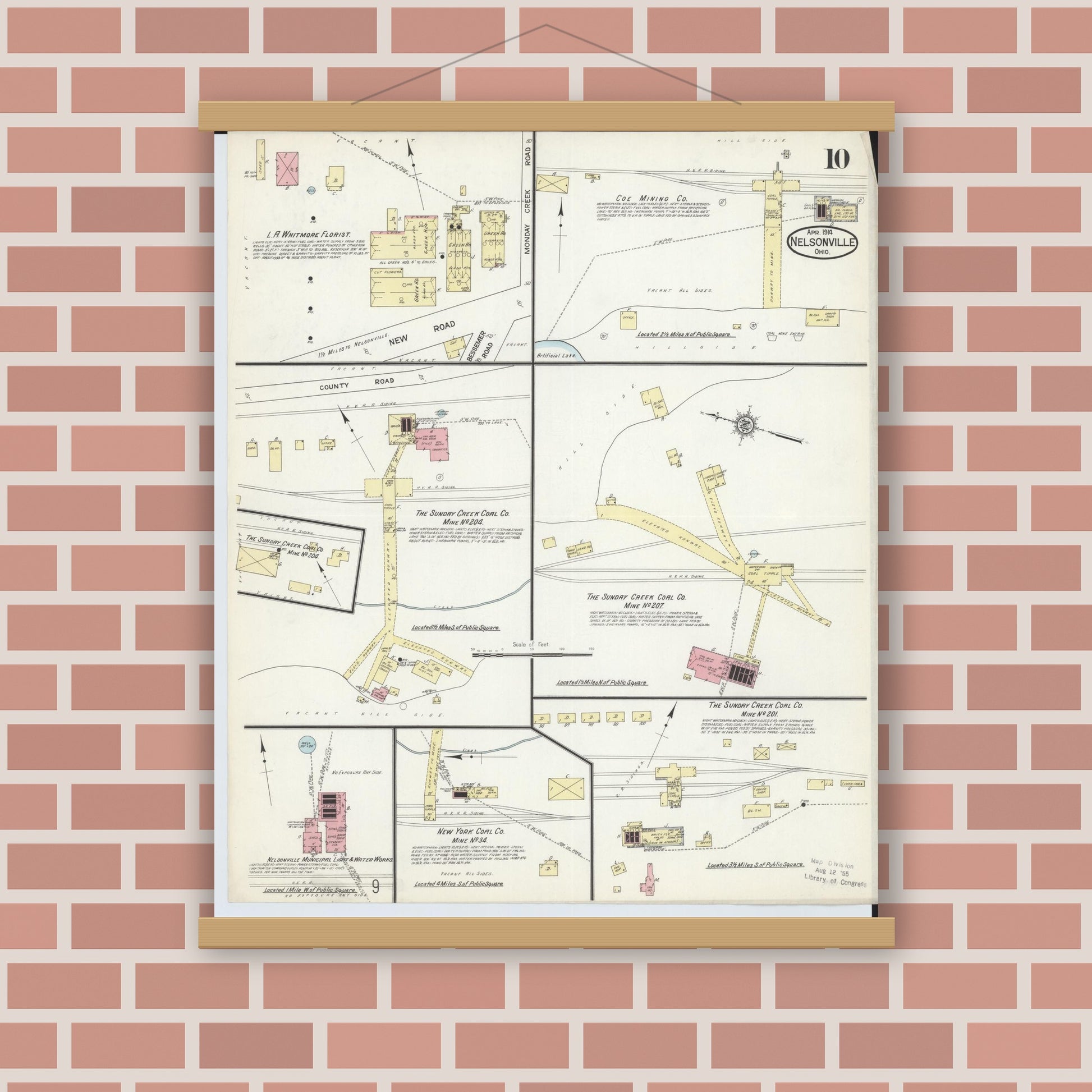 Old map wall art mockup — magnetic wood frame on brick wall — Sanborn Fire Insurance Map from Nelsonville, Athens County, Ohio (1914), Sheet #0010