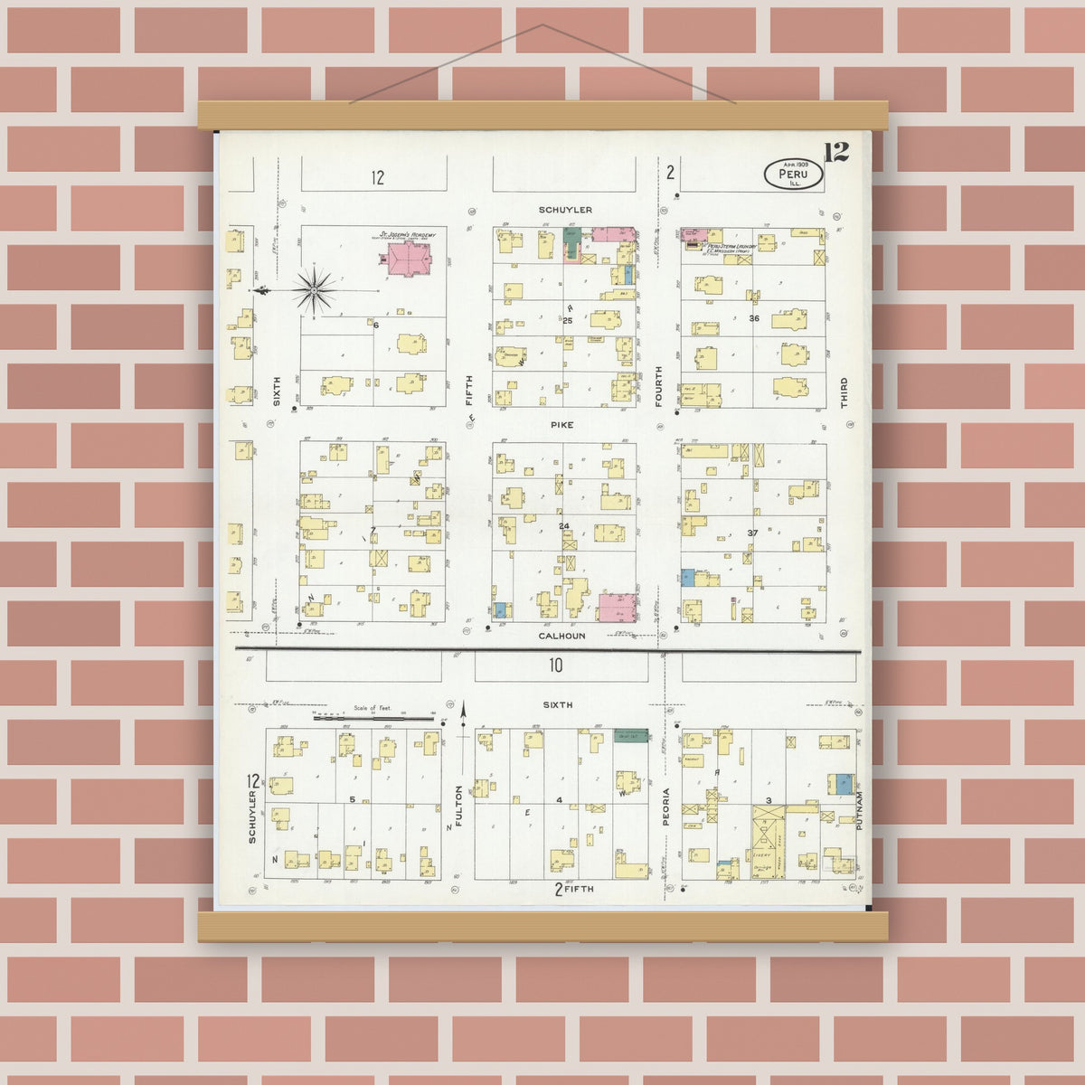 Old map wall art mockup — magnetic wood frame on brick wall — Sanborn Fire Insurance Map from Peru, La Salle County, Illinois (1909), Sheet #0012