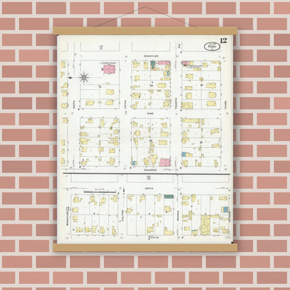 Old map wall art mockup — magnetic wood frame on brick wall — Sanborn Fire Insurance Map from Peru, La Salle County, Illinois (1909), Sheet #0012