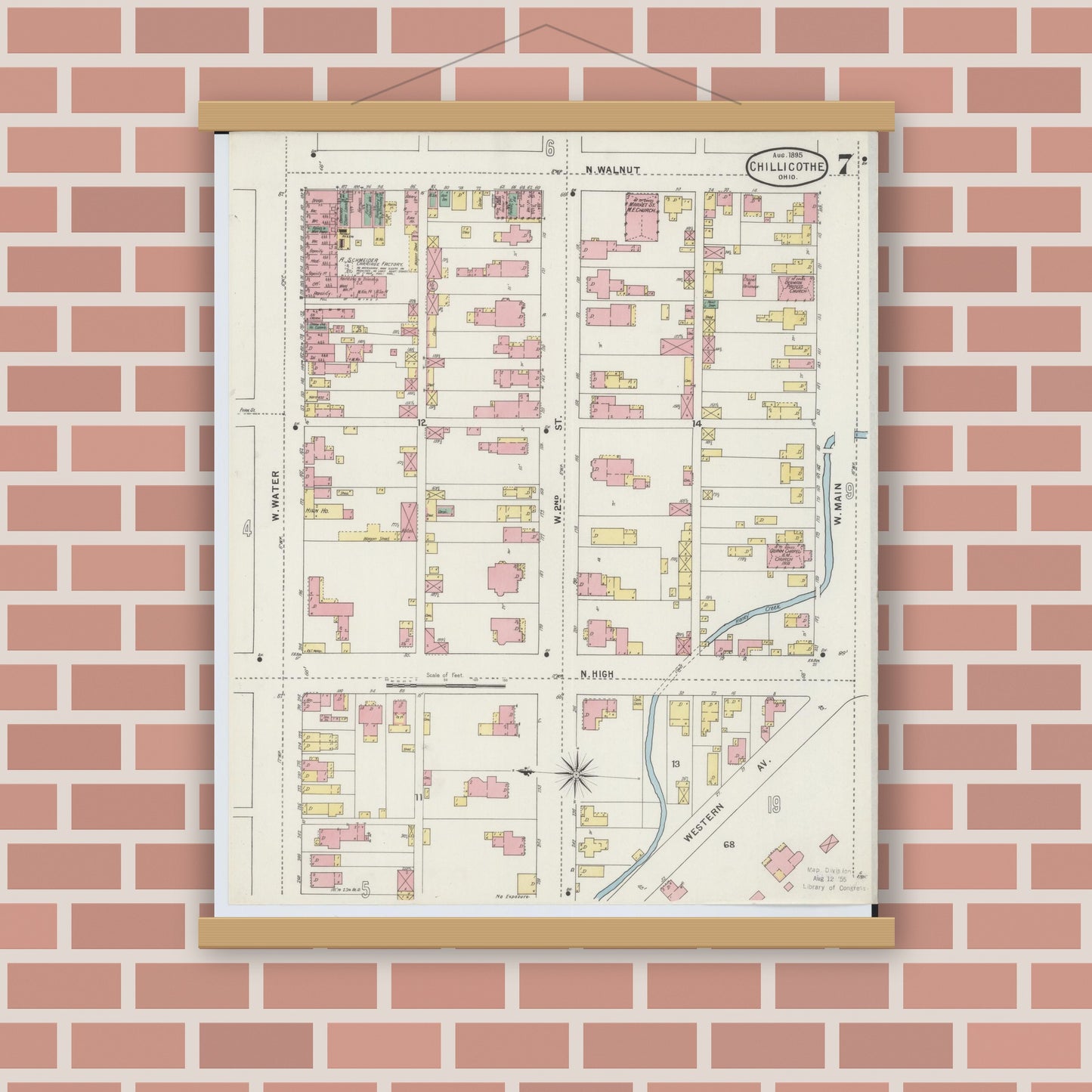 Old map wall art mockup — magnetic wood frame on brick wall — Sanborn Fire Insurance Map from Chillicothe, Ross County, Ohio (1895), Sheet #0007