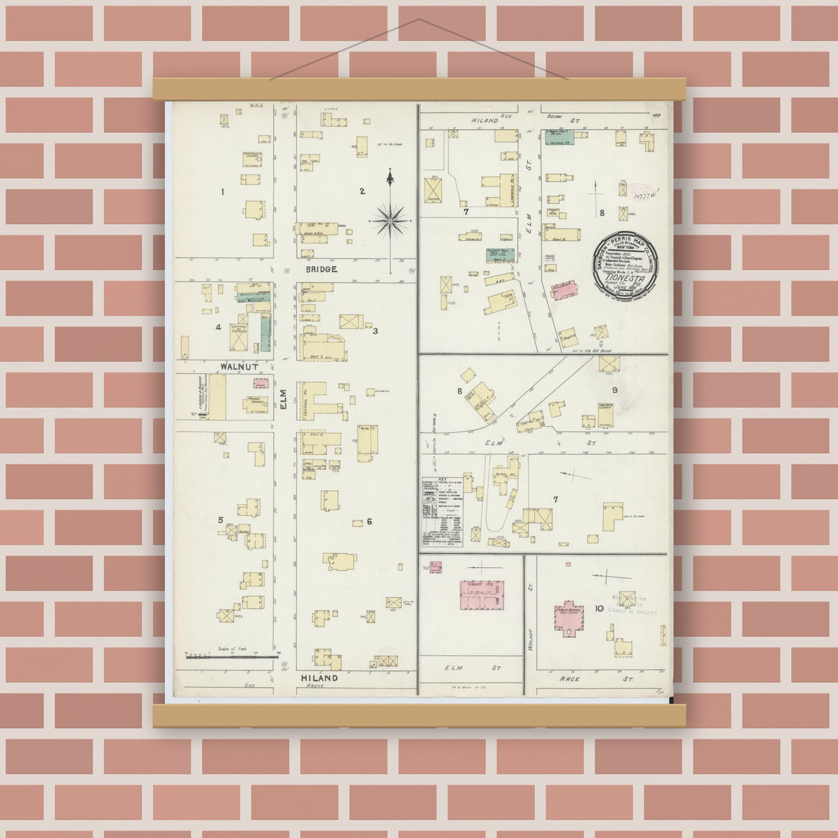 Old map wall art mockup — magnetic wood frame on brick wall — Sanborn Fire Insurance Map from Tionesta, Forest County, Pennsylvania (1891), Sheet #0001