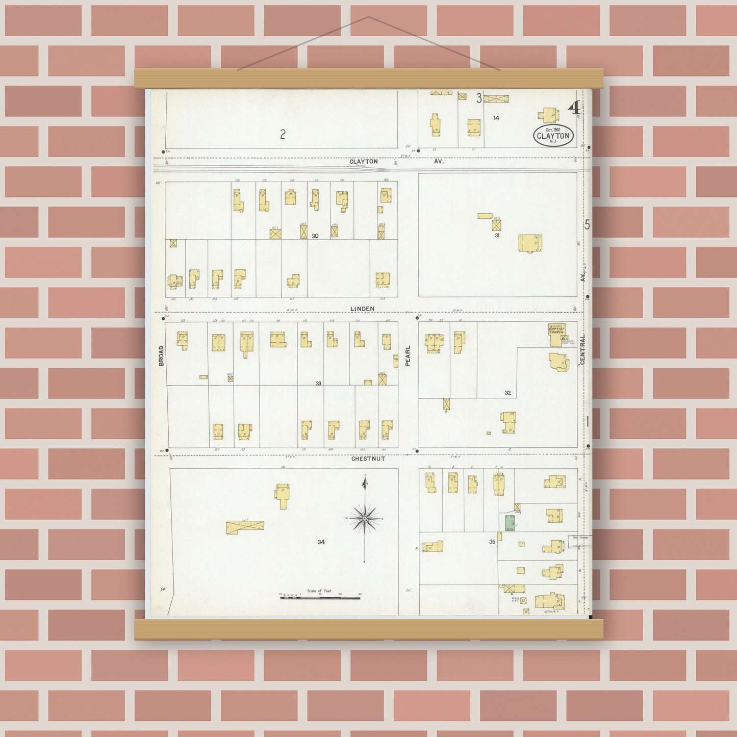 Old map wall art mockup — magnetic wood frame on brick wall — Sanborn Fire Insurance Map from Clayton, Gloucester County, New Jersey (1900), Sheet #0004