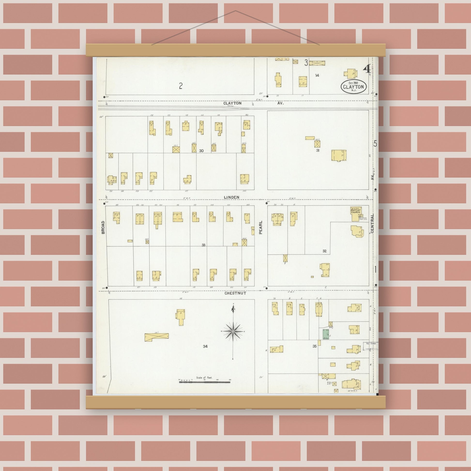 Old map wall art mockup — magnetic wood frame on brick wall — Sanborn Fire Insurance Map from Clayton, Gloucester County, New Jersey (1900), Sheet #0004