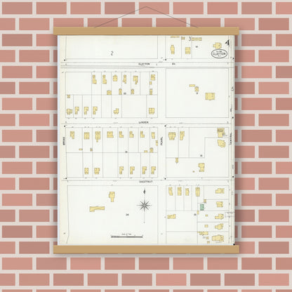 Old map wall art mockup — magnetic wood frame on brick wall — Sanborn Fire Insurance Map from Clayton, Gloucester County, New Jersey (1900), Sheet #0004