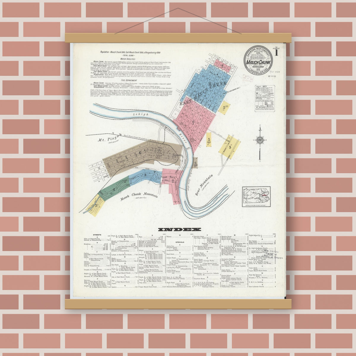 Old map wall art mockup — magnetic wood frame on brick wall — Sanborn Fire Insurance Map from Mauch Chunk, Carbon County, Pennsylvania (1915), Sheet #0001