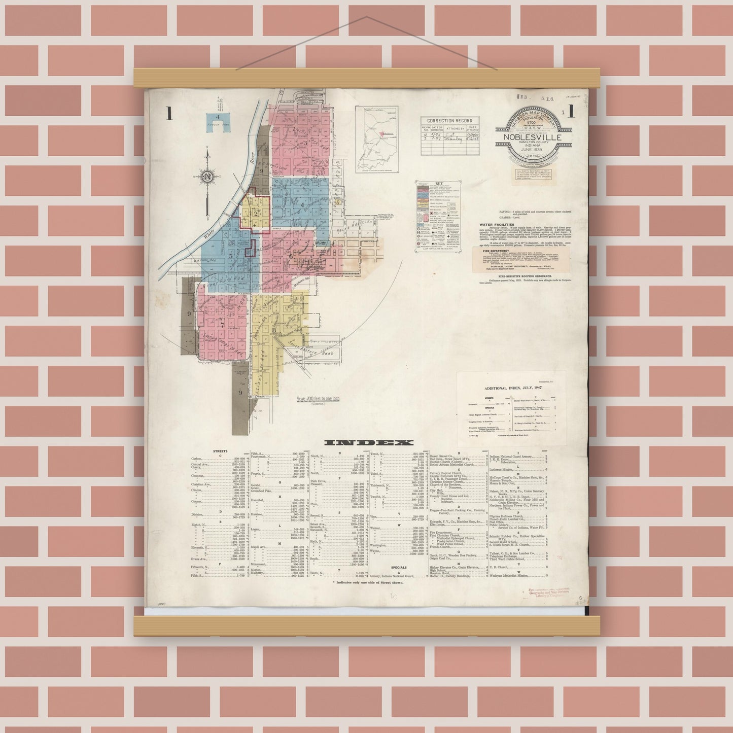 Old map wall art mockup — magnetic wood frame on brick wall — Sanborn Fire Insurance Map from Noblesville, Hamilton County, Indiana (1947) - Complete Map Set