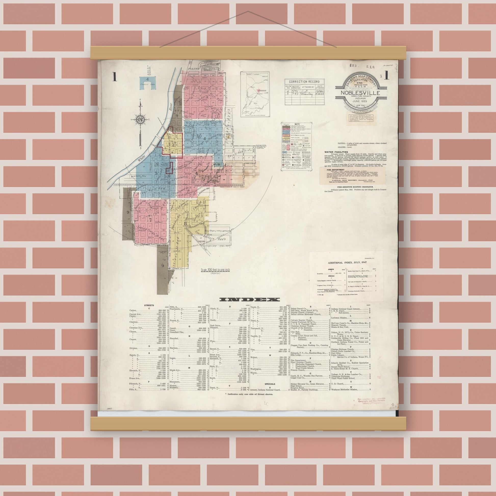 Old map wall art mockup — magnetic wood frame on brick wall — Sanborn Fire Insurance Map from Noblesville, Hamilton County, Indiana (1947) - Complete Map Set