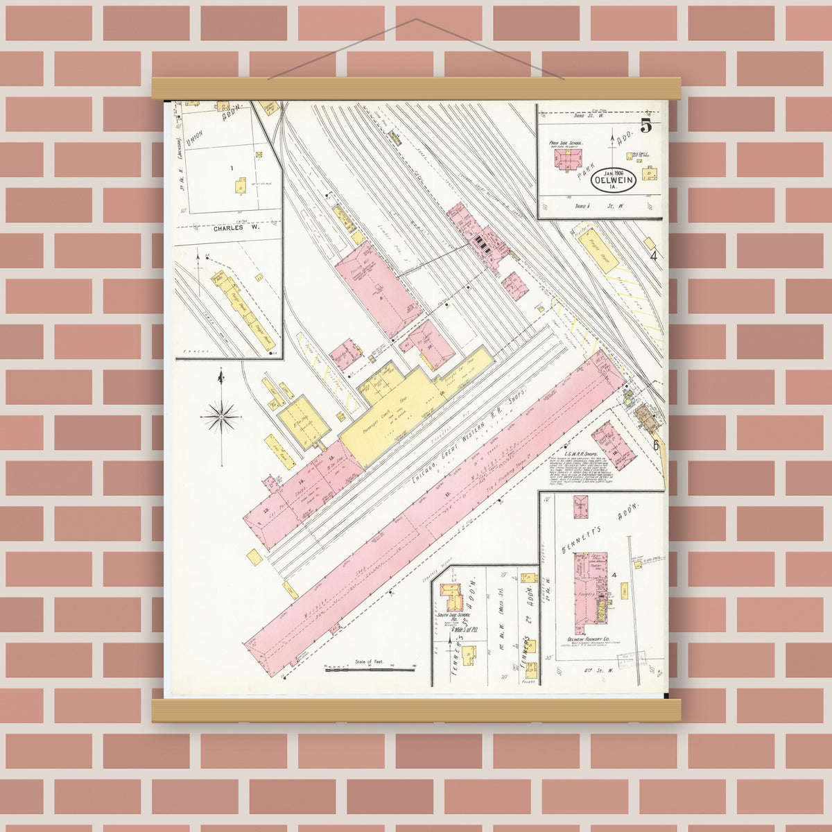 Old map wall art mockup — magnetic wood frame on brick wall — Sanborn Fire Insurance Map from Oelwein, Fayette County, Iowa (1906), Sheet #0005