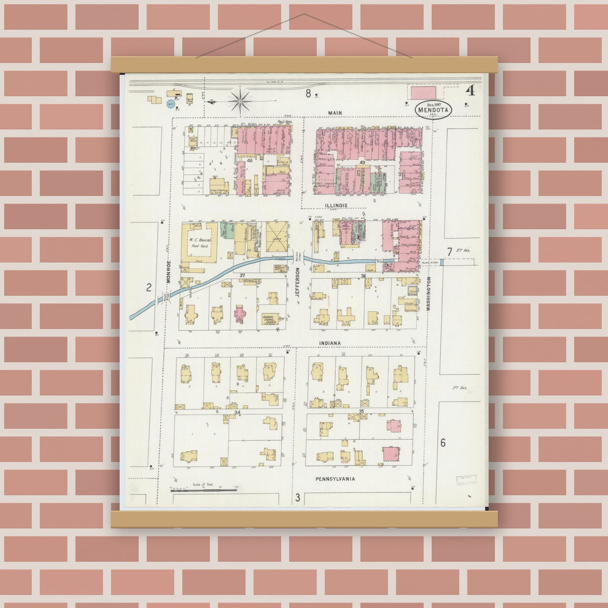 Old map wall art mockup — magnetic wood frame on brick wall — Sanborn Fire Insurance Map from Mendota, La Salle County, Illinois (1897), Sheet #0004