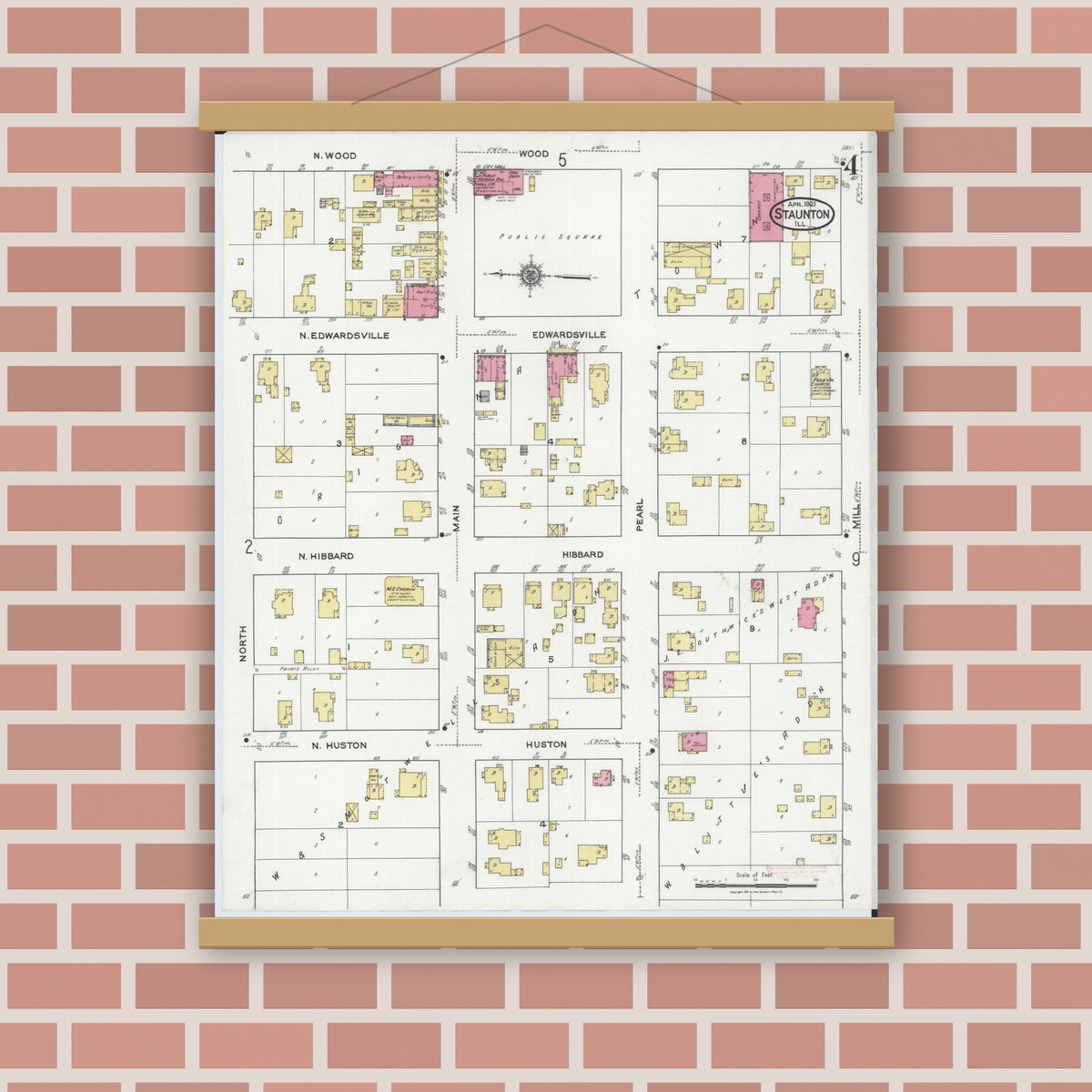 Old map wall art mockup — magnetic wood frame on brick wall — Sanborn Fire Insurance Map from Staunton, Macoupin County, Illinois (1921), Sheet #0004
