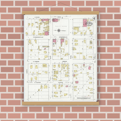 Old map wall art mockup — magnetic wood frame on brick wall — Sanborn Fire Insurance Map from Staunton, Macoupin County, Illinois (1921), Sheet #0004