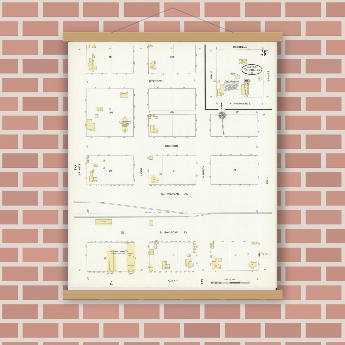 Old map wall art mockup — magnetic wood frame on brick wall — Sanborn Fire Insurance Map from Giddings, Lee County, Texas (1912), Sheet #0003