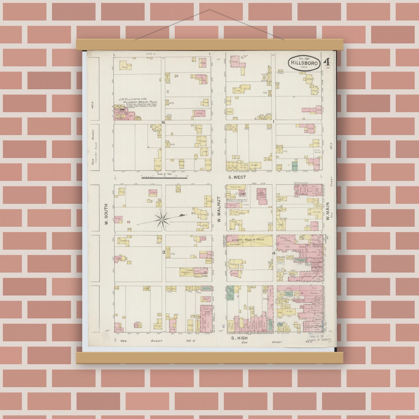 Old map wall art mockup — magnetic wood frame on brick wall — Sanborn Fire Insurance Map from Hillsboro, Highland County, Ohio (1887), Sheet #0004