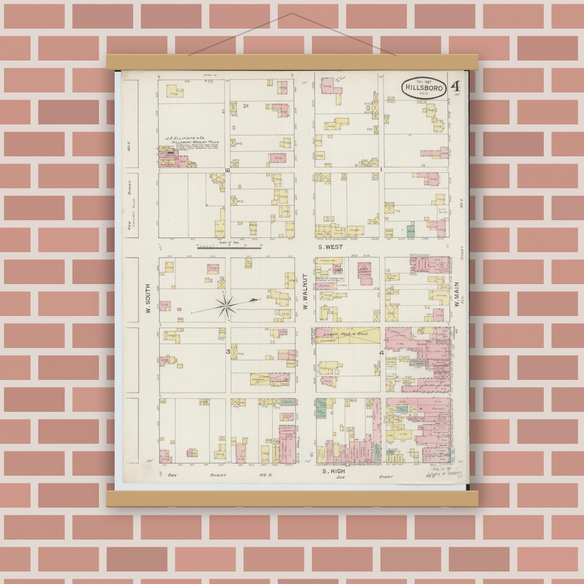 Old map wall art mockup — magnetic wood frame on brick wall — Sanborn Fire Insurance Map from Hillsboro, Highland County, Ohio (1887), Sheet #0004
