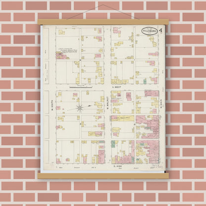 Old map wall art mockup — magnetic wood frame on brick wall — Sanborn Fire Insurance Map from Hillsboro, Highland County, Ohio (1887), Sheet #0004