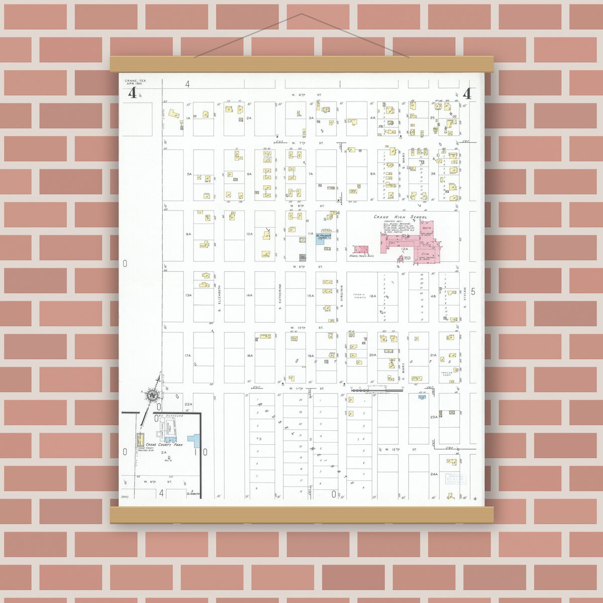 Old map wall art mockup — magnetic wood frame on brick wall — Sanborn Fire Insurance Map from Crane, Crane County, Texas (1951), Sheet #0004